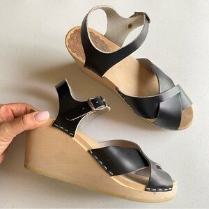 Swedish Hasbeens Size 37 Black Leather Criss Cross Ankle Strap Wooden Wedge Clog